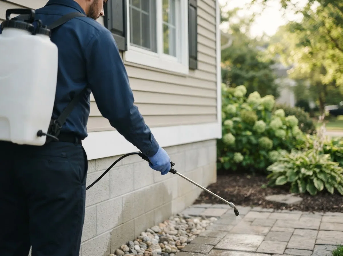Pest control technician inspecting a home in Edcouch, TX